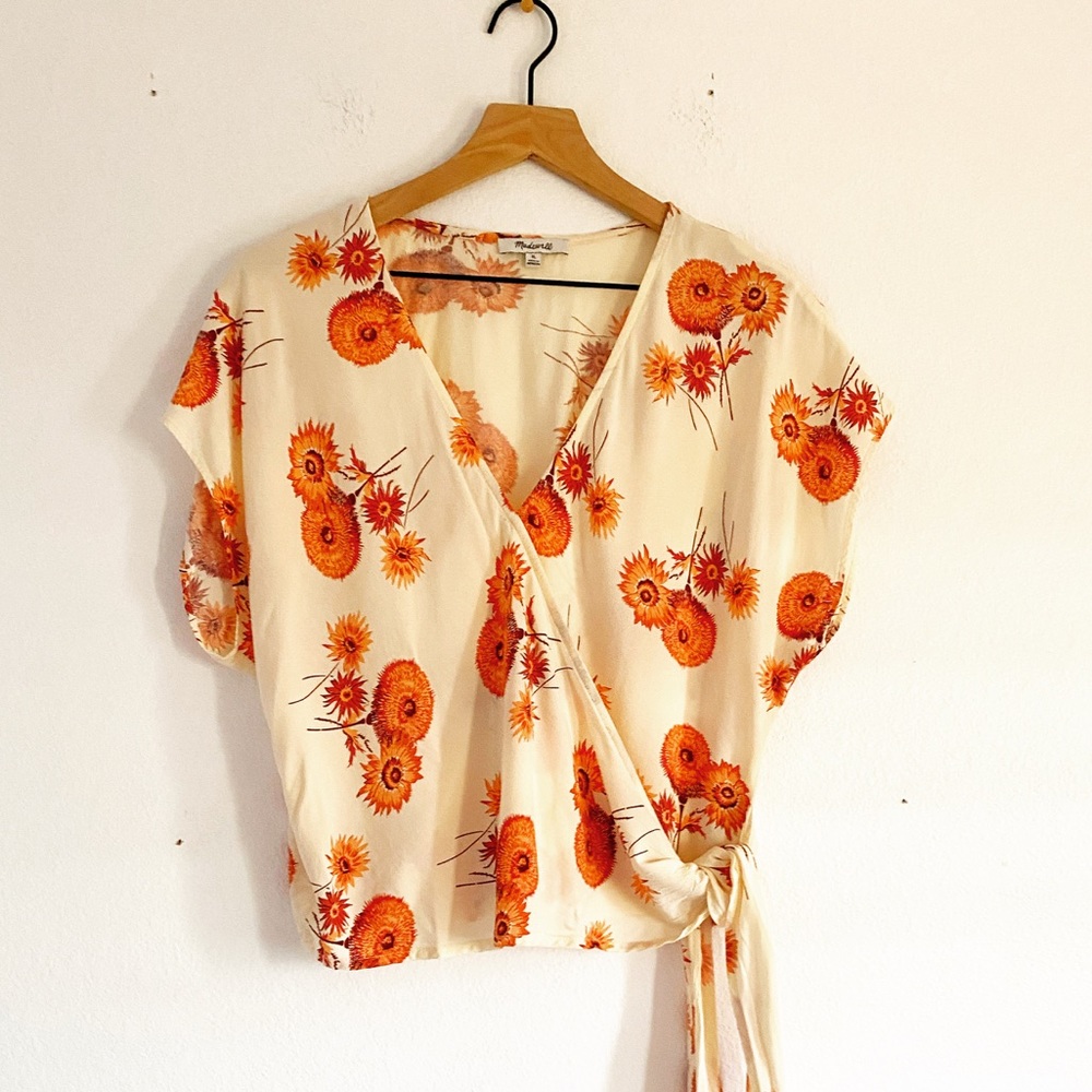 Madewell orange floral and cream wrap top